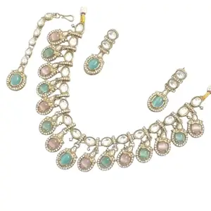 Women's Traditional Wedding Necklace Set with Earrings Handcrafted Ethnic Jewelry Set for Festive & Bridal Blue-Pink