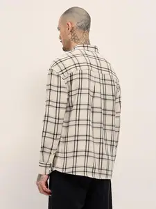 THE BEAR HOUSE Men's Pure Cotton Checked Casual Shirt Cream