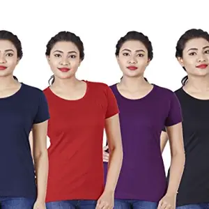 FLEXIMAA Women's Cotton Round Neck Plain T-Shirt (Pack of 4) - (rwbla-NBL-red-pur-XXL)