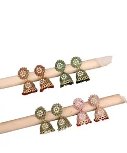 Generic Traditional Crystal-Embellished Oxidised Silver Jhumka Earrings, Antique Tribal Design, 4.5 cm Length, Brass Metal, Medium Size, Temple Style