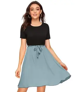 Women's Knitting Stretchable Solid Round Neck Cap Sleeve Dresses (Pista, XL)-PID56849