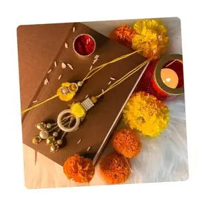 I Jewels Mens Bhaiya Bhabhi Lumba Rakhi Bracelet Combo Set With Roli Chawal & Rakshabandhan Card (R044-Co)