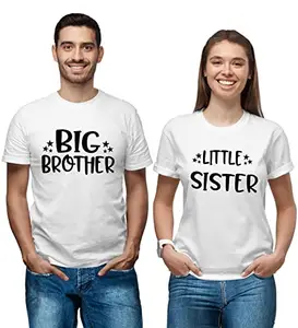 Hangout Hub HH101 Cotton Sibling Combo Tshirts for Brother Sister | Printed Big Brother Little Sister (White;Men XXL;Women XL) Combo Tshirts for Regular Fit Family Kids T Shirts -Set of 2