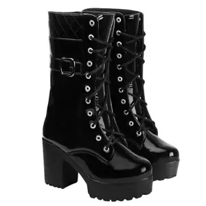 STRASSE PARIS Women's Calf Length Buckle Detailed Stylish Cool Lace-up Boots Boots For Women,4