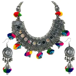 THE OPAL FACTORY Garba Navratri Jewellery Sets for Women German Silver Oxidised Afghani Bohemian Necklace Sets with Drops. (TOF Pom Pom Mirror Necklace Set)