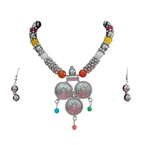Navratri Special Jewellery Vintage Style Beaded Necklace Set with Multi-Colored Stones, Antique Silver Colour Tribal Pendants, Fashion Jewellery for Women