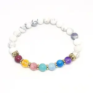 LKBEADS Natural 7 Chakra Stone & Howlite 8mm Round Shape Smooth Cut Beads 7 inch Stretchable Bracelet for Men & Women|STBR_RR_00075_70