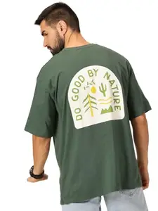 Thomas Scott Men 100% Cotton Bio Wash Oversized Fit Earth Graphic Printed Tshirt (Green, XL)