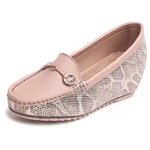 XE Looks Women's Wedge Loafers | Soft Cushioned Footbed | Stylish Slip-On Shoes with Textured Sole | Lightweight & Durable Heel Loafers for Girls | Ideal for Office Casual & Formal Wear (Pink)