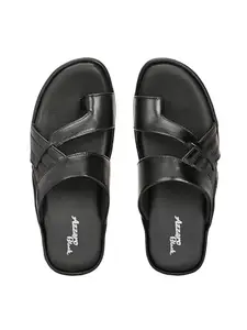 AZZARO BLACK Men's Genuine Leather Open Toe Slippers || Stylish & Comfortable || For Casual All Day Wear || PU Sole With Comfort Quality (Black, 10)