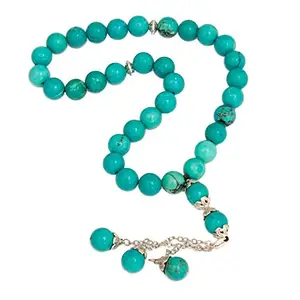 Zoya Gems & Jewellery 8MM TURQUOISE Stones Tesbih 33 Beads Authentic Hand Made Worry Bead TASBEEH Rosary Necklace Masbaha Beads With Silver Tail