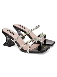 SHERRIF Women's Black Color Block Heel Mules (SF-4572-Black-33)