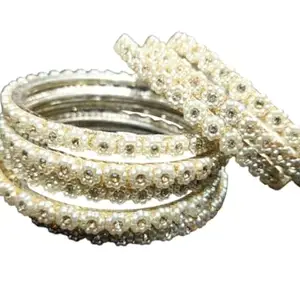 Pearl Embellished Brass Bangles Set | 8-Piece Golden Kundan & Stone Work Traditional Bridal Jewelry for Women & Girls | Wedding & Party Collection (2:4)