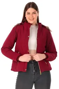 Brazo Women's and Girls Puffer Regular Fit Bomber Jacket For Winter Wear | Hooded Neck | Full Sleeve | Zipper | Casual Jacket For Woman & Girl | Western Stylish Jacket For Women (XL, Maroon)