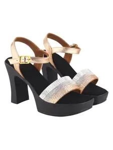 Shoetopia Embellished Golden Sparkle Block Heeled Sandals For Women & Girls /EU35