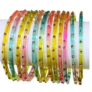 12 Pcs Multicolor Acrylic Glass Bangles Set for Women & Girls | Lightweight Daily Use Non Breakable Stylish Golden Studded Fancy Bangles for Office, College & Gifting (2-6)