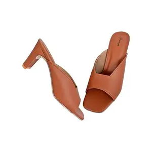 Shunya Women Comfortable Tan Open Square Toe Block Heel Slip-On Sandal For Casual, Indian and Official Occassions