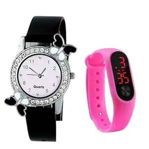 Butterfly Diamond Analog Watch and Free Digital Bend for Girls and Women(SR-041) AT-411(Pack of-2)