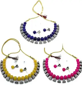 WORLD WIDE VILLA Oxidised Silver Earring & Necklace Set For Women Pack of 1 Yellow || WV_Set22