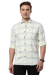 Generic Mens Casual Cotton Regular Fit Spread Collar Checks Shirt | Cream | M | Casual_Shirt_Cream_M