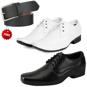 Fashionable Formal Shoes/Party Shoes/ 2 Shoes Combo with Free Belt for Men and Boys (BAZAAR8108_VTR001-Blk007-Bdr-Wht-1-Blk) Multicolor