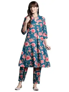 INDO ERA Women's Teal Pure Cotton Printed Co Ord Set (KS0TL6407_Medium)