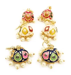 jhumki sets for women and girls (pack of 3) with white, blue, pink color enamel fancy small size hook earrings combo for children