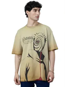 The Souled Store Naruto Shippuden: Madara's Disguise Men and Boys Short Sleeves Round Neck Beige Graphic Printed Cotton Oversized T-Shirts