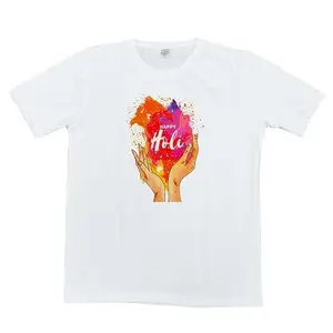 Priomia Ventures Pvt Ltd Happy Holi 2 Holi Printed Cotton T-Shirt - Size - S, Pack of 1 Pcs. White