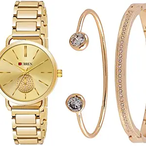 CURREN Ladies Wrist Watch with Matching Bangles for Women and Girls (3853-Gold-Gold-Index+JW-22&24)