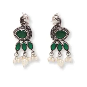 Navraee Oxidised Silver Stylish Earrings for Women and Girls Morni Stud Earring-Green