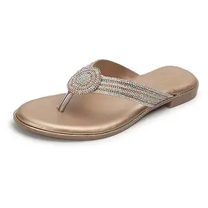 XE Looks Women's Gold Metallic Thong Flat Slipper | Embellished with Crystal Beads | Comfortable Slip-On Design Flat Slippers For Girls & Women