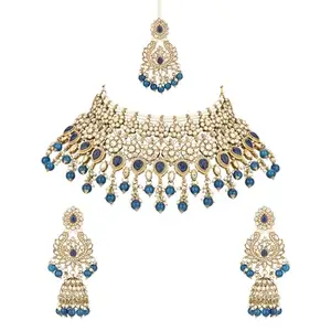 I Jewels Women Stylish Gold Plated Traditional Handcrafted Heavy Look Kundan & Pearls Bridal Choker Necklace Jewellery With Jhumki Earrings & Maang Tikka Set (Montana)