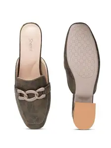 SHERRIF Women's Stylish Back Open Mules | Slip-On Casual & Office Wear Shoes | Soft Cushioned Sole with Metal Chain Detail | Comfortable Low Heel Slides for Girls & Women(104) Olive