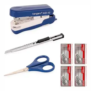 Office Stationery Set, Stapler AIO-10, Scissors KS-128, Paper Knife M-9, 4 Boxes Staples No.10-1M (Blue) (Blue)