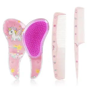 MAYCREATE® 3Pcs Girls Hair Brush Set Cute Unicorn Paddle Brush, Rat Tail Comb & 2 in 1 Styling Comb for Girls, Detangling & Hair Styling Kit, Pink
