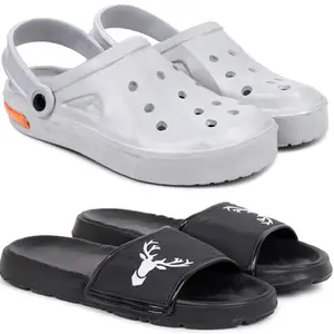 Pampy Angel Combo Pack of 2 Slipper/Flip Flops/Slides/Clogs/Sandals with Adjustable Back Strap for Men,(Cl-Tube-Grey,Singa-Black),8 (UK/India)