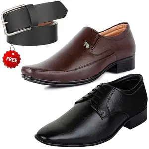 Attractive Formal Shoes/Party Shoes/ 2 Shoes Combo with Free Belt for Men and Boys (BAZAAR9665_VTR-301-Blk) Multicolor