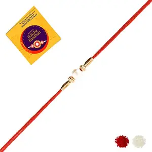 Beingelegant - WHITE PEARL Rakhi with Red Thread for Brother with Roli Chawal and RakshaBandhan Greeting Card