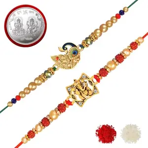 De Marquis Rakhi Combo Set of 5, 2 Rakhi Set, 1 Laxmi-Ganesh Coin, 1 Roli Chawal Pack, 1 Greeting Card for Bro/Brother/Bhaiya/Bhai/Bhabhi/Sister/Kids Happy Rakshabandhan