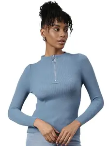 SHOWOFF Women's Long Sleeves Solid High Neck Blue Fitted Top-LH-8145_Blue_S