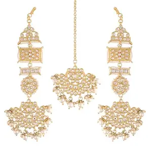 Peora Stunning Matte Gold Finish Long Traditional Kundan & Faux Pearl Chandbali Earrings with Maang Tikka Set for Women/Girls
