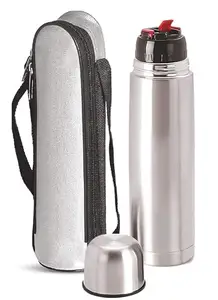 Crystal Zone Stainless Steel Insulated Bottle with Flip Lid and Cover, 12 Hours Hot or Cold, 1000ml, Pack of 1 Stainless Steel Bottle with Cover Silver