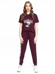 SN SWEET NIGHT Women’s Snoopy Printed Round Neck T-Shirt and Joggers Track Suit (3XL, Dark Maroon)