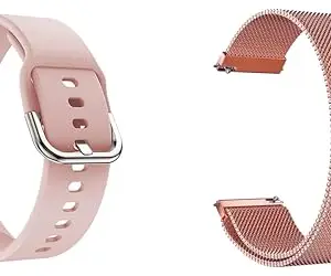 ACM Pack of 2 Watch Strap Silicone & Magnetic Belt 20mm compatible with Samsung Galaxy Watch 4 44mm Smartwatch Sports Hook with Metal Chain Band (Creame Pink/Rose Gold Pink)