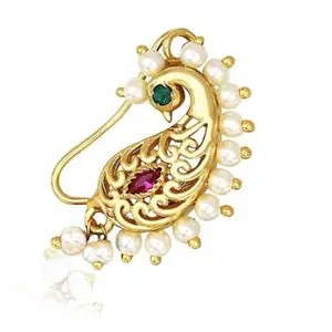 VAMA FASHION Traditional Maharashtrian Cilp on Nath Gold Plated Stone Pearl Nathiya Pressing Nosepin Without Piercing Nose ring for Women & Girls.