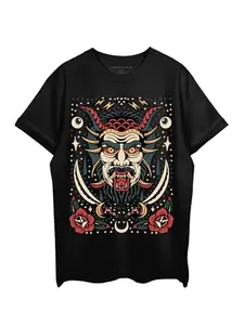 THREADCURRY Krampus Oversized Drop Shoulder Cotton Loose Printed T-Shirt for Men Black