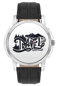 BIGOWL Travel Watch Travel The Road Typography Airplane World Map Design Leather Strap Casual Wrist Watch for Men - Perfect Gift for Travellers - Watch with Moving Airplane Seconds Hands