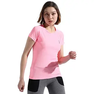 Campus Sutra Women's Solid Baby Pink Dri-Fit Short Sleeve Regular Fit Activewear T-Shirt for Casual Wear | Polyester Jersey T-Shirt Crafted with Comfort Fit and High-Performance for Everyday Wear