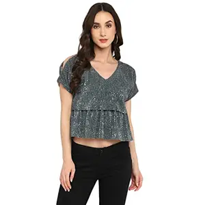 TAURUS Grey Pleated Sequin Top for Women
